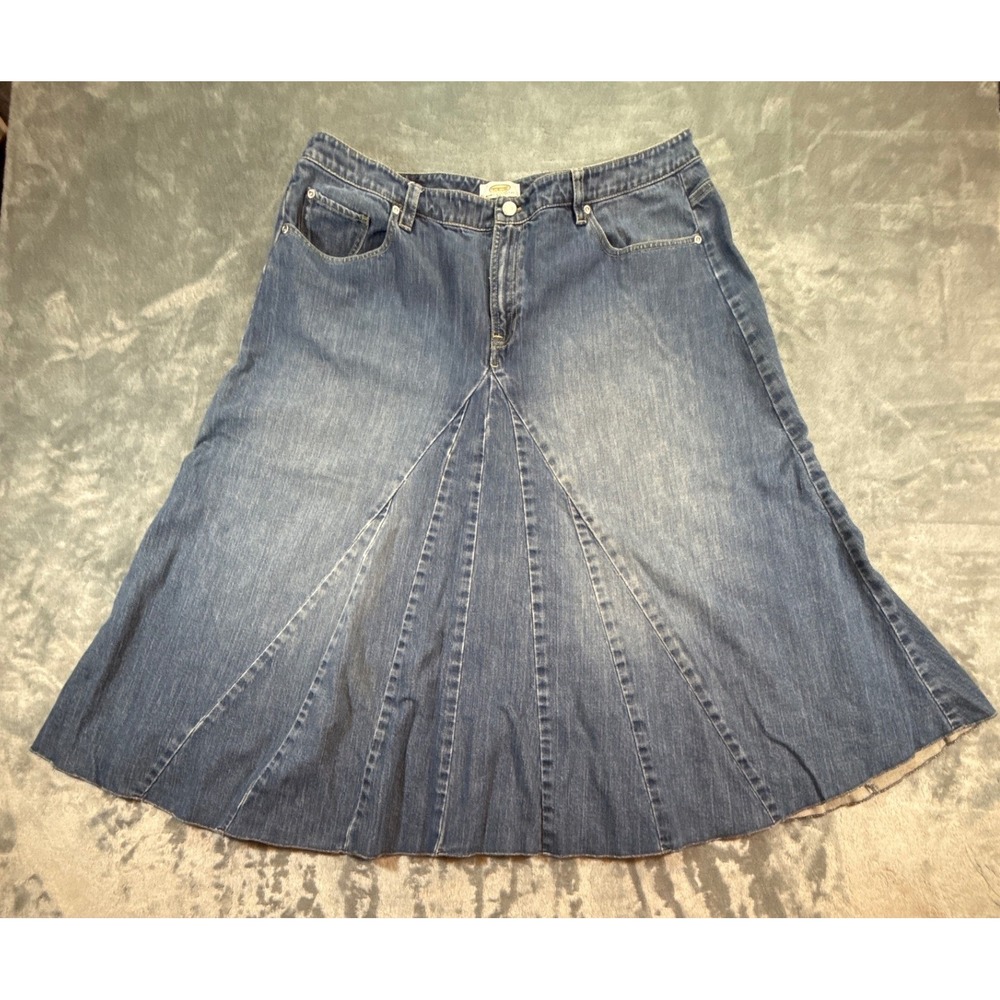 Talbots Woman Petites 16W Denim Flared Midi Skirt Medium Wash Raw Hem Stretch